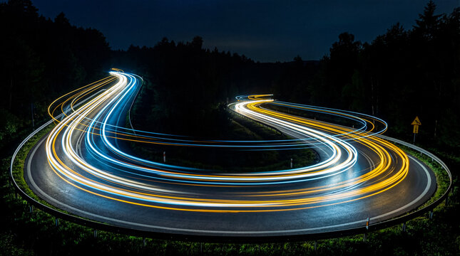 Dynamic long exposure photograph of vibrant car light trails on a curving road at night through a dark forest.