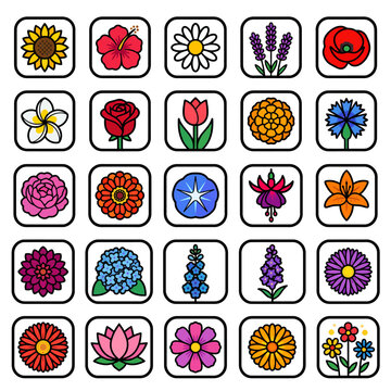 A clean icon sheet with 24 rounded square icons arranged in 6x4 grid, summer flower theme