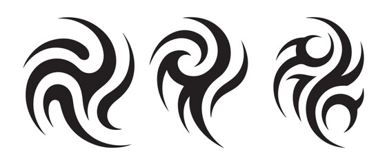 Fototapeta premium Black Tribal Swirl Wave Patterns and Abstract Tattoo Art Designs Isolated on White Background.