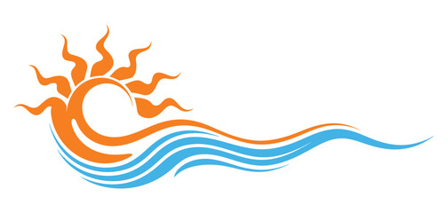 Fototapeta premium Sun Dawn Symbol Rising Over Ocean Waves Vector