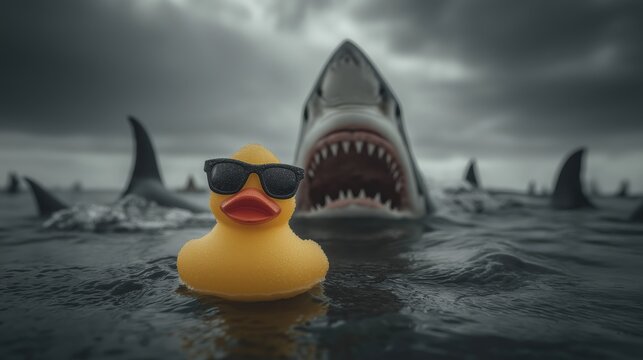 Yellow rubber duck with sunglasses floating in dark stormy sea with aggressive sharks. Business risk, crisis management and calm under pressure concept