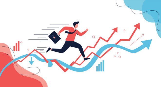 Active businessman running over rising and falling financial graph lines representing stock market volatility and growth.