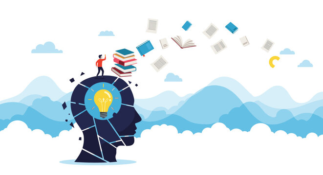 Creative thinker standing on giant head with lightbulb and flying books representing education and knowledge sharing.