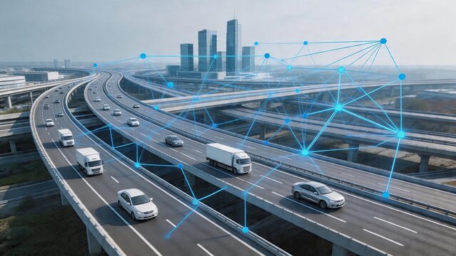 Smart city traffic management concept aerial view of busy highway interchange with cars and trucks digital overlay of network nodes connecting data points future transportation