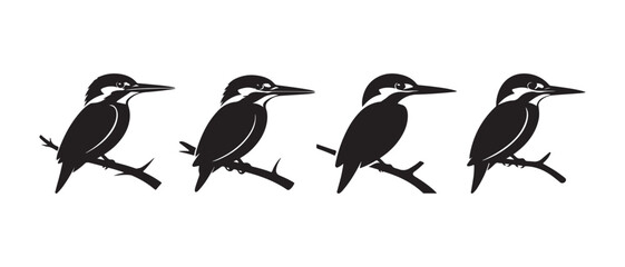 Fototapeta premium Set of Kingfisher Bird Silhouettes. Perching on Branches Minimalist Black and White Wildlife Icons.