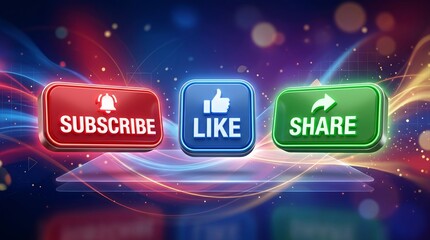 Naklejka premium Social media buttons for subscribe like and share represented by three glossy glowing colorful rectangular interface icons