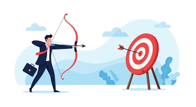 Determined businessman shooting arrow at center of target representing goal setting and business objective achievement.