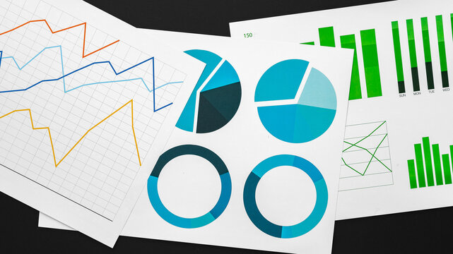 Charts and graphs displayed on paper showing different types of data analysis and results