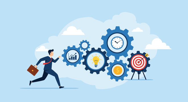 Professional running towards complex gears with business icons representing operational efficiency and process integration.