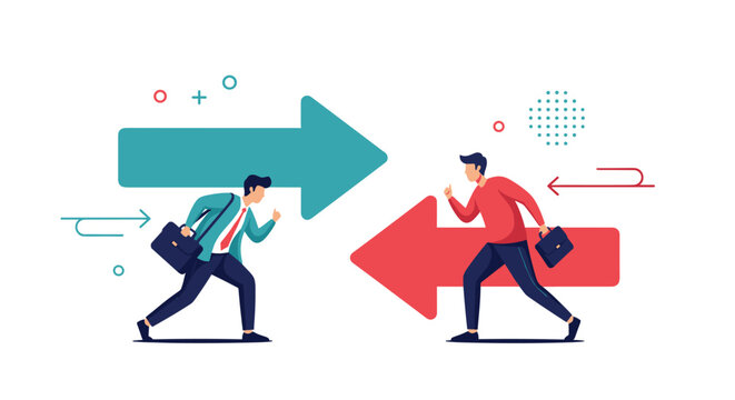 Two professional businessmen running in opposite directions with large red and green arrows indicating conflicting goals.