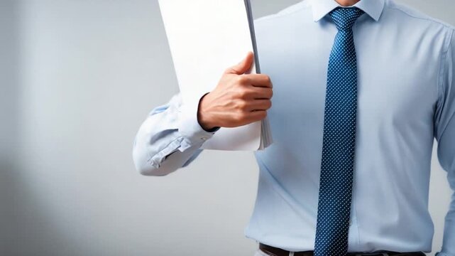 Poised and Professional: A sharply dressed businessperson stands confidently, clutching a file, the very picture of composure and diligence in a modern setting.