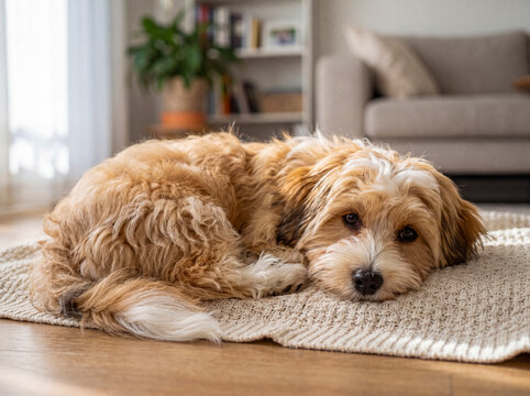 Cute fluffy light brown dog curled up and resting peacefully on a woven rug.