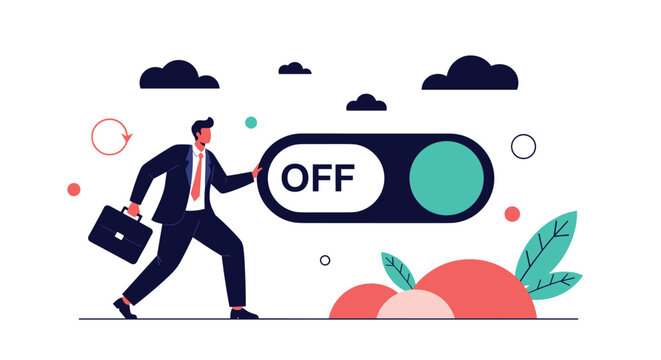 Businessman in a suit running to toggle a giant off switch button representing the end of a work session or break time.