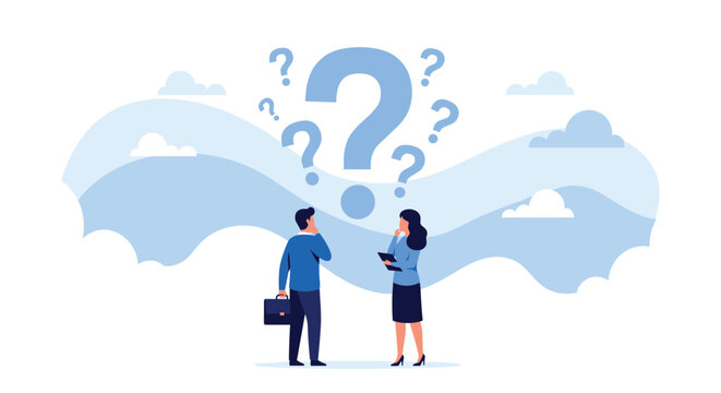 Professional business man and woman standing together while looking up at multiple floating blue question marks.