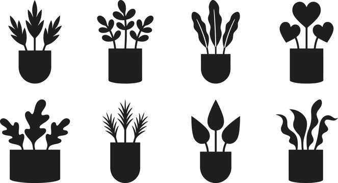 Colecci&oacute;n de siluetas negras de plantas en macetas, mostrando diversas formas y estilos de follaje.
