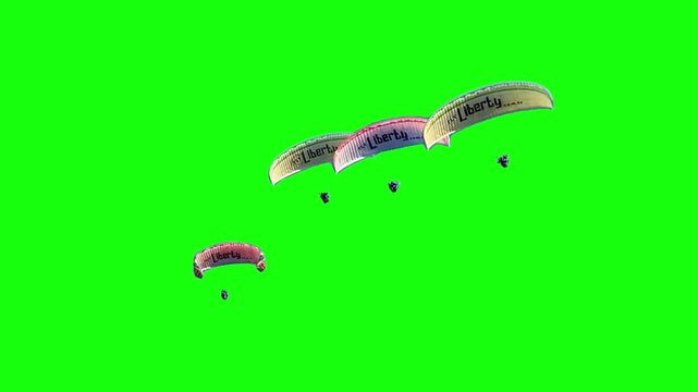 Paraglider flying high Paramotor flying away Parachute Tandem motor powered paragliding at twilight Green Screen Realistic naturalistic 4K UHD chroma key background