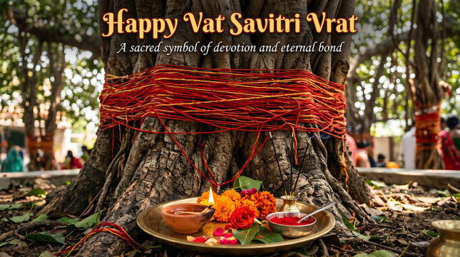 Happy Vat Savitri Vrat Banyan Trunk with Ritual Offerings