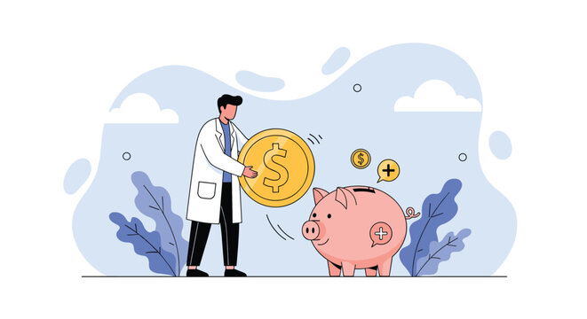 Medical professional in a white coat putting a large gold dollar coin into a pink piggy bank to save money.