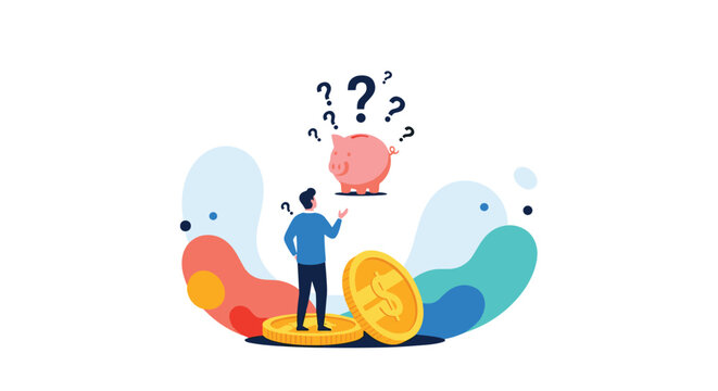 Confused man looking up at a pink piggy bank floating in the air surrounded by multiple dark question marks.