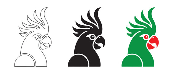 Cockatoo Bird Head Logo Set, Vector Outline and Silhouette Tropical Parrot Icons on White Background. © NadimStoker