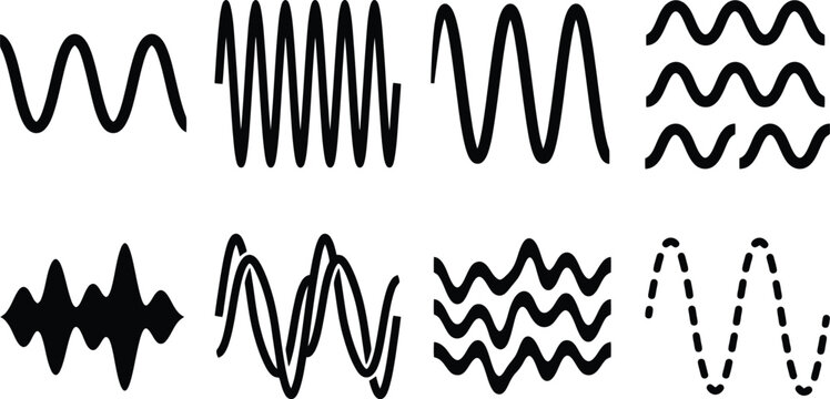 Ilustraci&oacute;n de diferentes tipos de ondas y patrones de se&ntilde;al, incluyendo ondas sinusoidales, irregulares, superpuestas y punteadas, representando conceptos de frecuencia y amplitud.