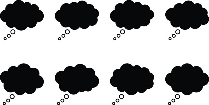 Ocho burbujas de pensamiento negras con puntos suspensivos en un fondo blanco, dispuestas en dos filas.