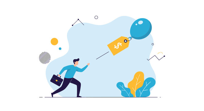 Businessman with a briefcase chases a flying price tag attached to a blue balloon, representing inflation and rising costs in the economy.