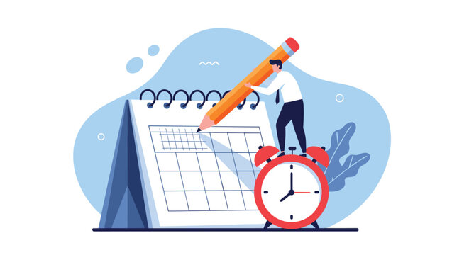 Organized businessman standing on top of an alarm clock while using a pencil to mark tasks on a desk calendar.