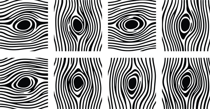 Ocho patrones abstractos de vetas de madera en blanco y negro, con nudos centrales distintivos.
