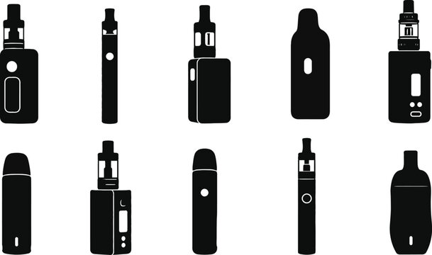 Vape Device Silhouette Collection Vector, Electronic Cigarette Pen and Mod Icons Set