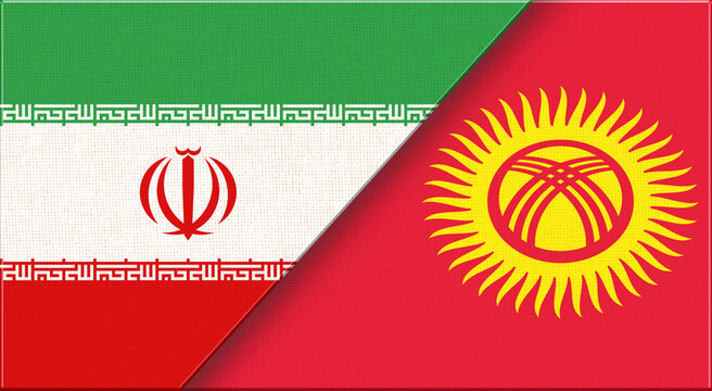 Double flag of Iran and Kyrgyzstan on fabric texture. Iranian and Kyrgyz flag