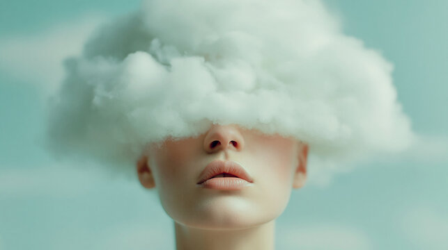 Head in the Clouds. Surreal conceptual portrait. Woman instead of a head is a large fluffy white cloud and smoke. Part of the girl's face is visible. Pastel monochrome background	
