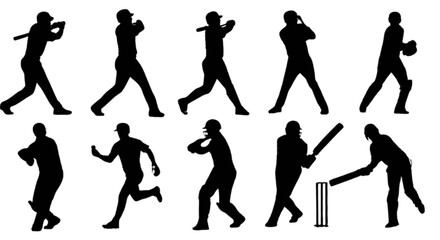 Black silhouettes of baseball players in various actions isolated on transparent background, Vector © Md