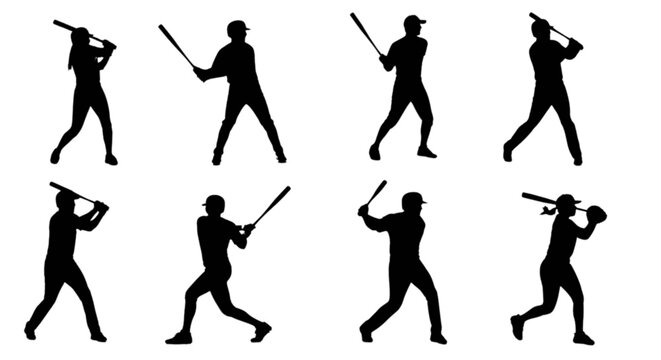 Black silhouettes of baseball players hitting isolated on transparent background, Vector
