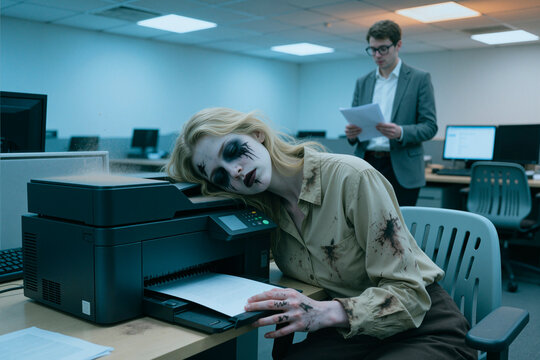 Caucasian young adult woman wearing zombie makeup leaning on office printer while male coworker reading documents, depicting workplace burnout or Halloween office campaign concept