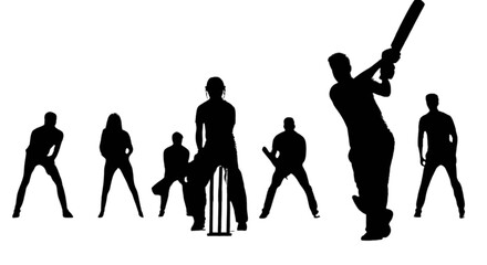 Black silhouettes of cricket players in various actions isolated on transparent background, Vector © Md