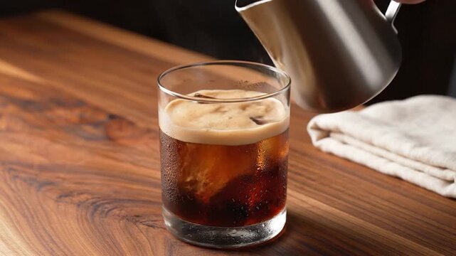 A refreshing beverage is being poured into a glass filled with ice cubes, creating a cool and inviting drink on a wooden surface
