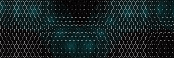 Fototapeta premium Dark hexagon abstract technology background with blue colored bright flashes under hexagon. Hexagonal gaming vector tech wide illustration.