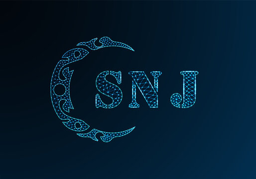 Low poly letter logo SNJ design. SNJ letter logo low poly vector design on blue color gradient background. SNJ logo low poly design