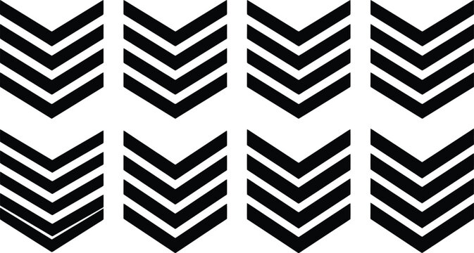 Ocho conjuntos de galones de rangos militares o policiales en negro sobre blanco.