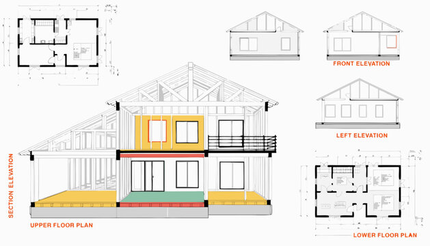 House under construction with exposed wooden frame and architectural plans showcasing modern design and building process