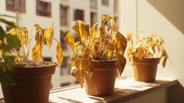 Wilted Plants on a Sunny Sill: Three potted plants, their leaves withered and yellowed, sit on a sunlit windowsill. Capturing the passage of time and the need for care.