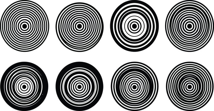 Acht abstrakte Kreise mit konzentrischen Linienmustern in Schwarz und Wei&szlig;, die ein visuelles Muster erzeugen.