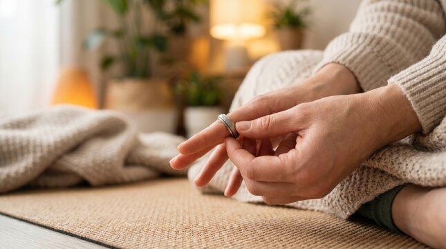 Close-Up of Hands Fidgeting with Ring as ADHD Sensory Self-Regulation Behavior Concept