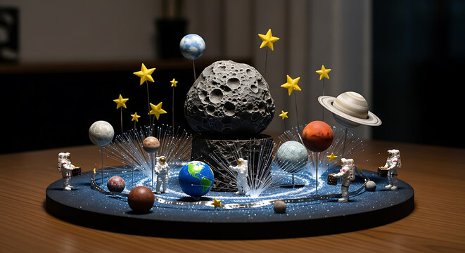 space diorama model with planets astronauts and stars on transparent background