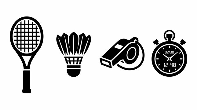 Sports icons with tennis racket, shuttlecock, whistle, and stopwatch
