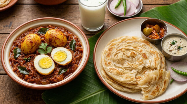 Delicious South Indian egg curry with flaky parotta and refreshing lassi