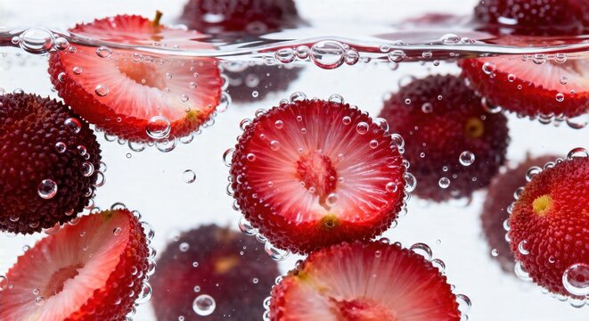Fresh red yangmei (waxberries) submerged in clear water with bubbles, ideal for food blogs, healthy drink promotions, summer recipe visuals, and refreshing beverage advertisements.