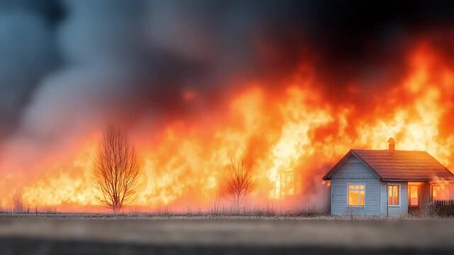 Blazing Inferno: A house engulfed in roaring flames, the destructive power of a raging fire transforming a home into an inferno. The sky fills with ominous smoke.