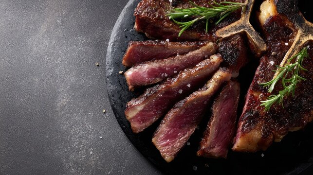 Variety of dry aged porterhouse and t-bone steaks sliced, menu recipe banner, top view